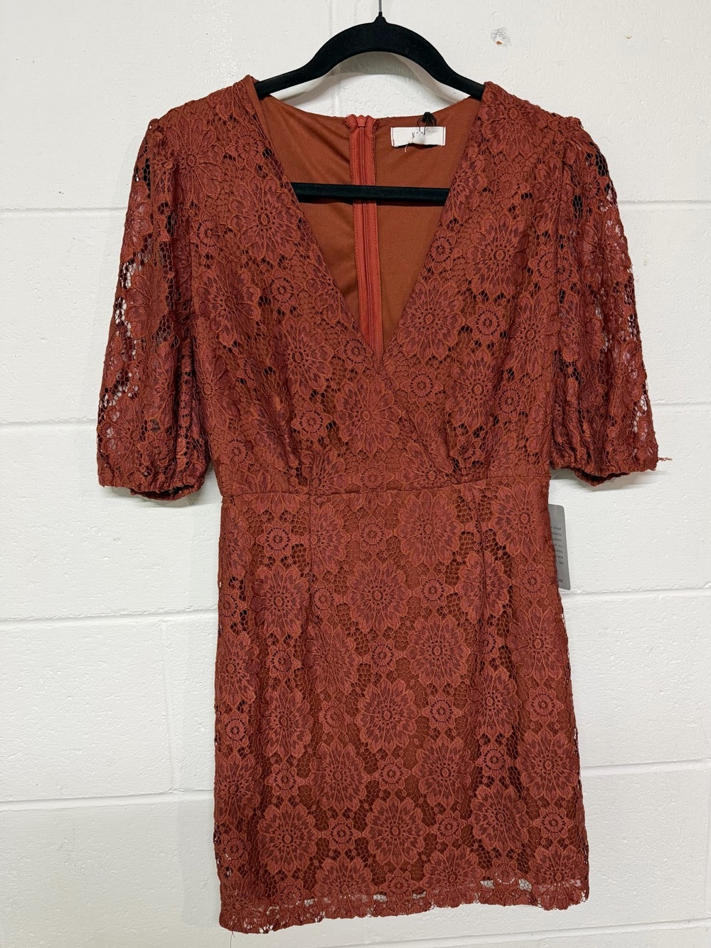 Nordstrom Rust Lace V-Neck Mini Dress with Puff Sleeves